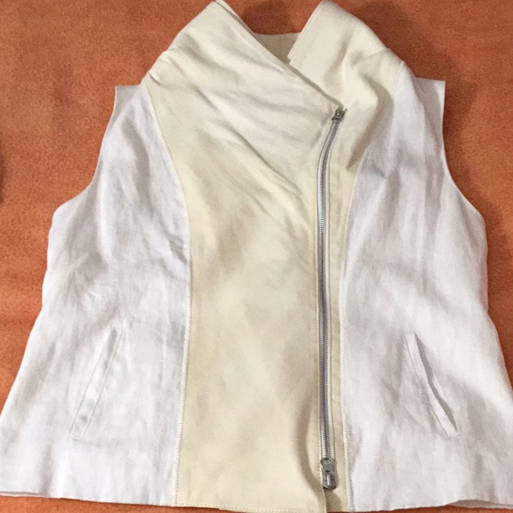 VINCE Womens Moto Vest Small Linen Blend Leather